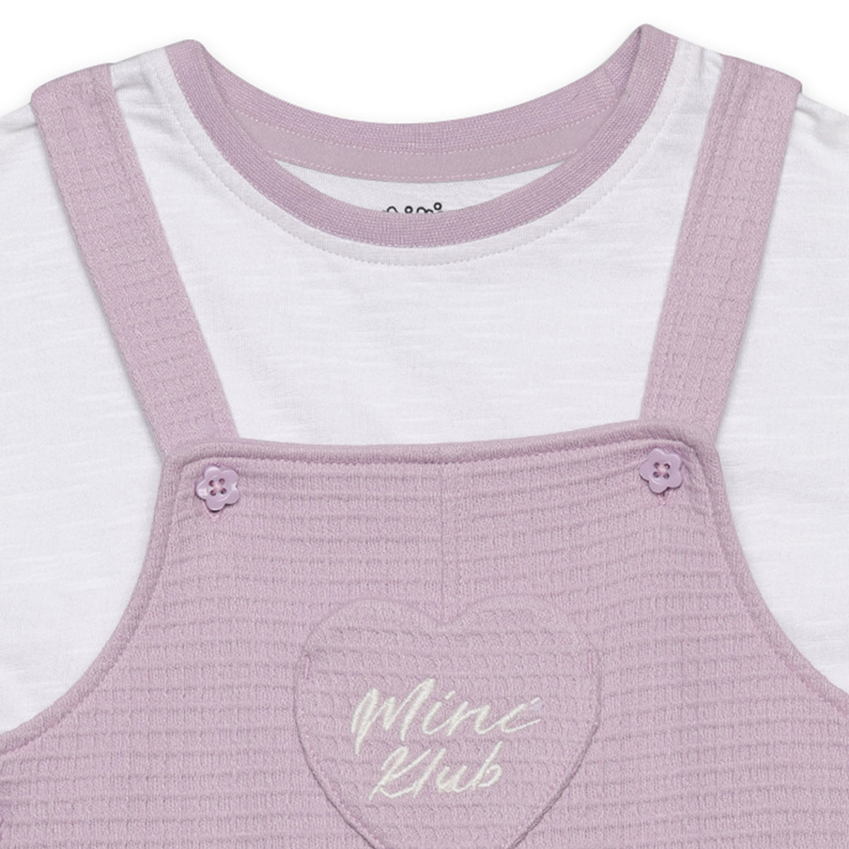 Girls Solid Textured Dungaree Set, Lavender and White