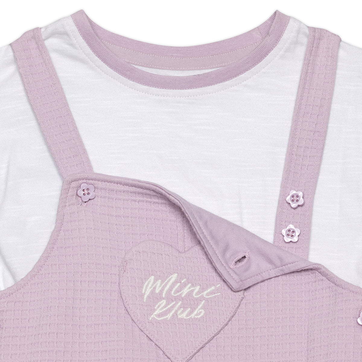 Girls Solid Textured Dungaree Set, Lavender and White