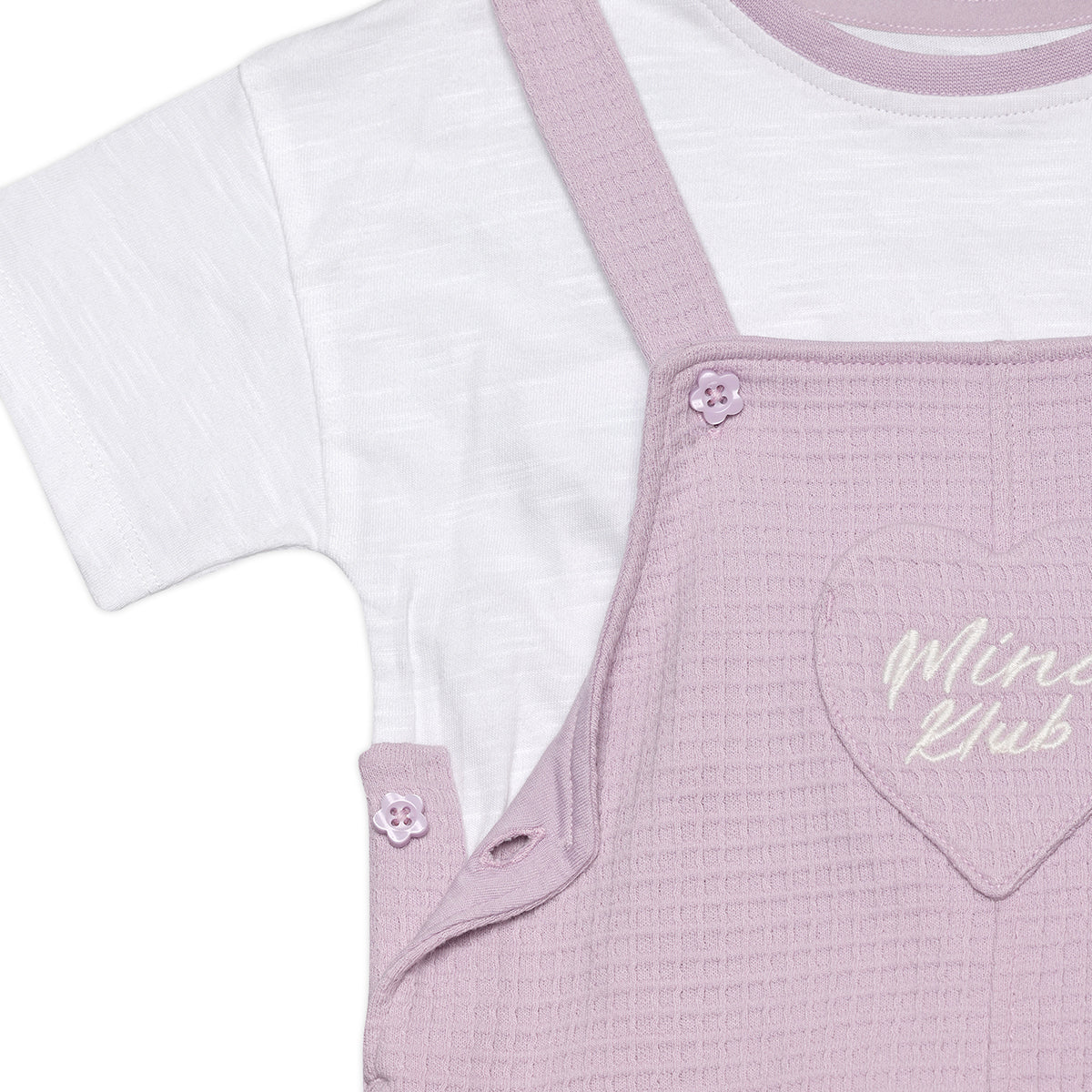 Girls Solid Textured Dungaree Set, Lavender and White
