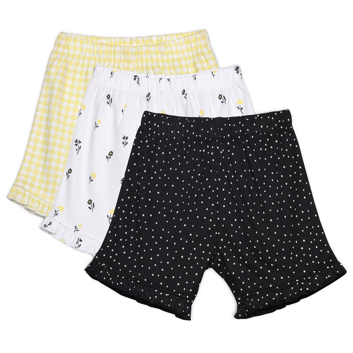 Baby Girls Printed Shorts Pack of 3, Black, White and Yellow
