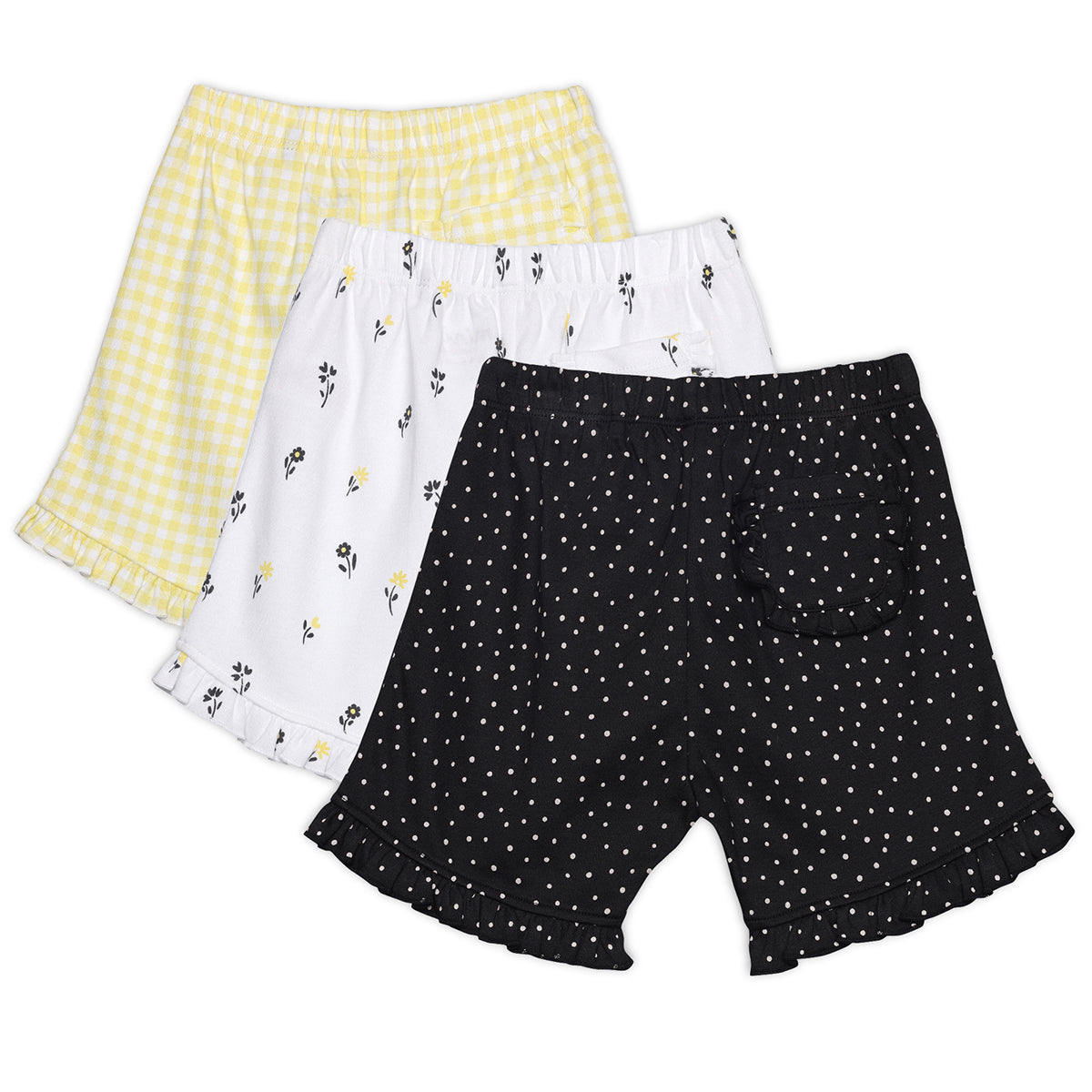 Baby Girls Printed Shorts Pack of 3, Black, White and Yellow