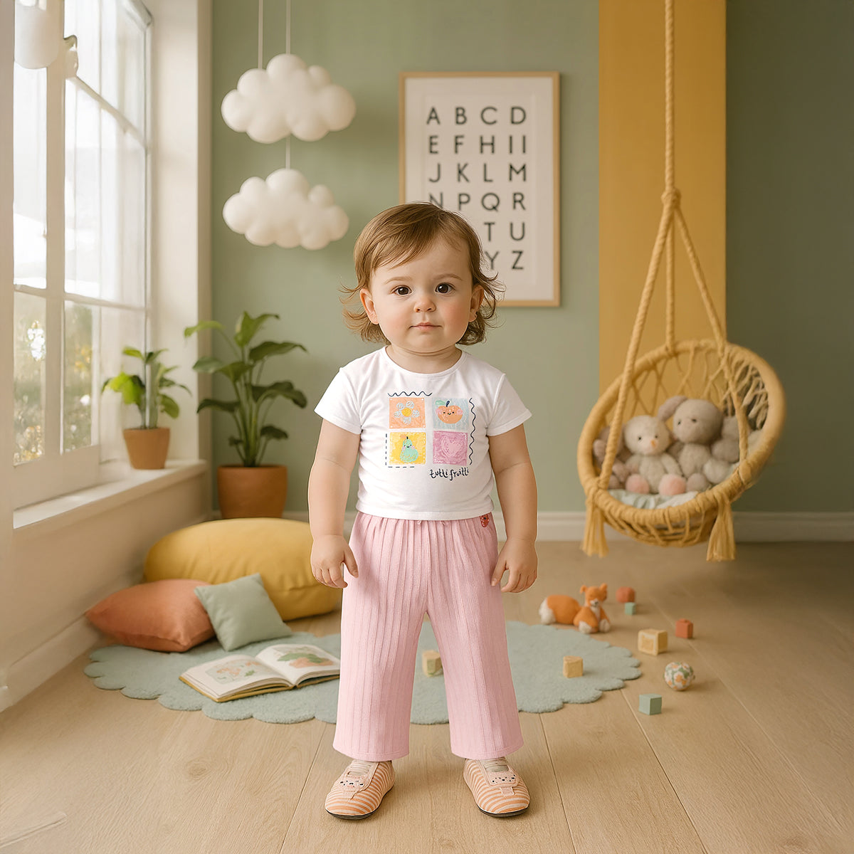 Baby Girls Strawberry Embroidered Rib Pants, Pink