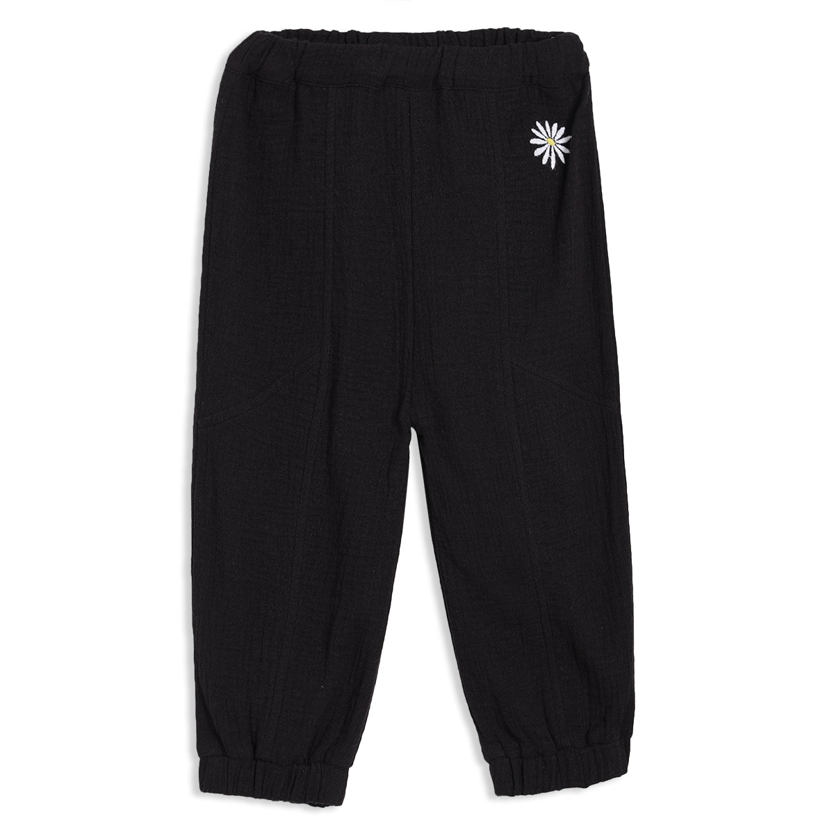 Baby Girls Solid Knit Bottom with Floral Embroidery, Black