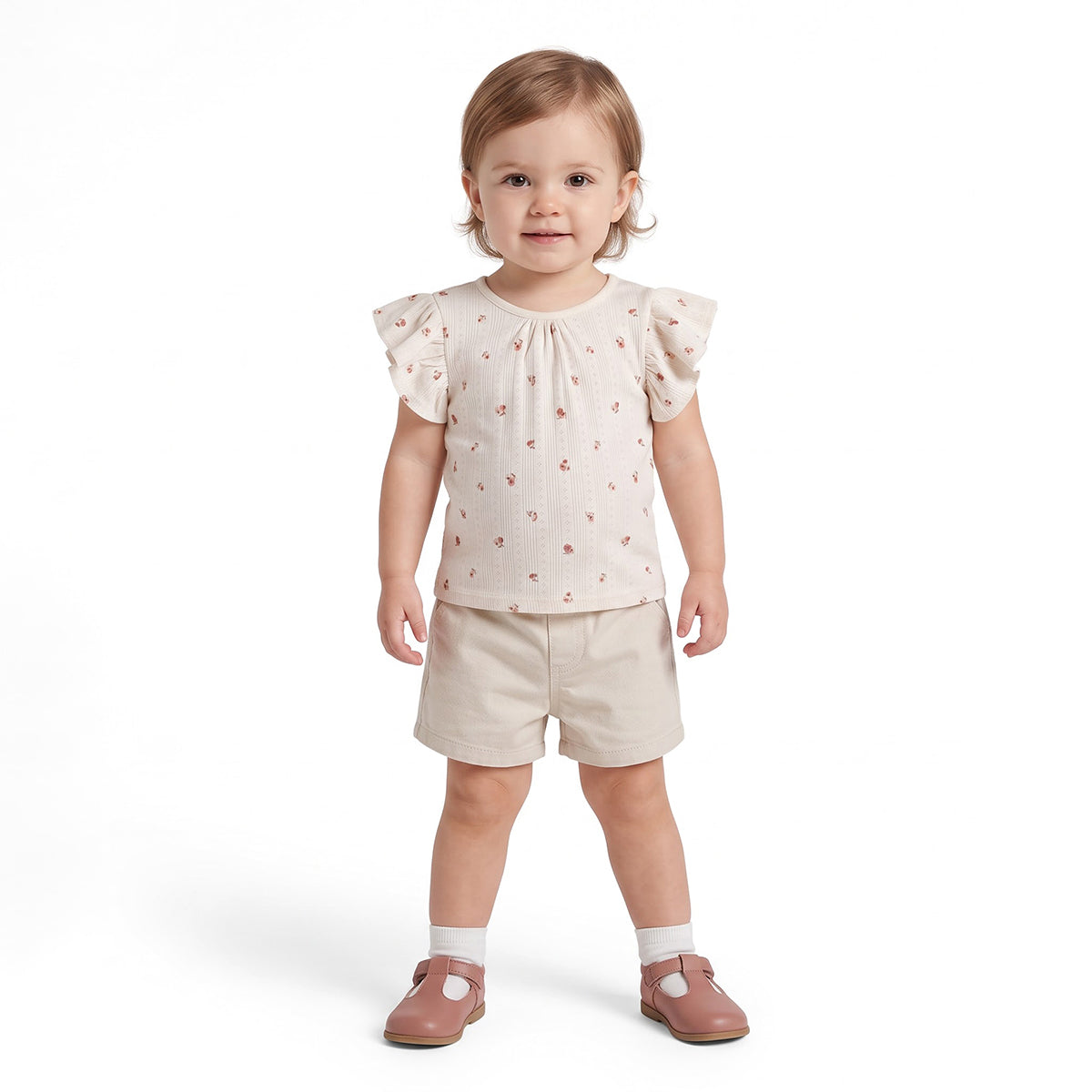 Baby Girls Cream Cotton Floral Print Textured Top Regular Fit Casual Wear