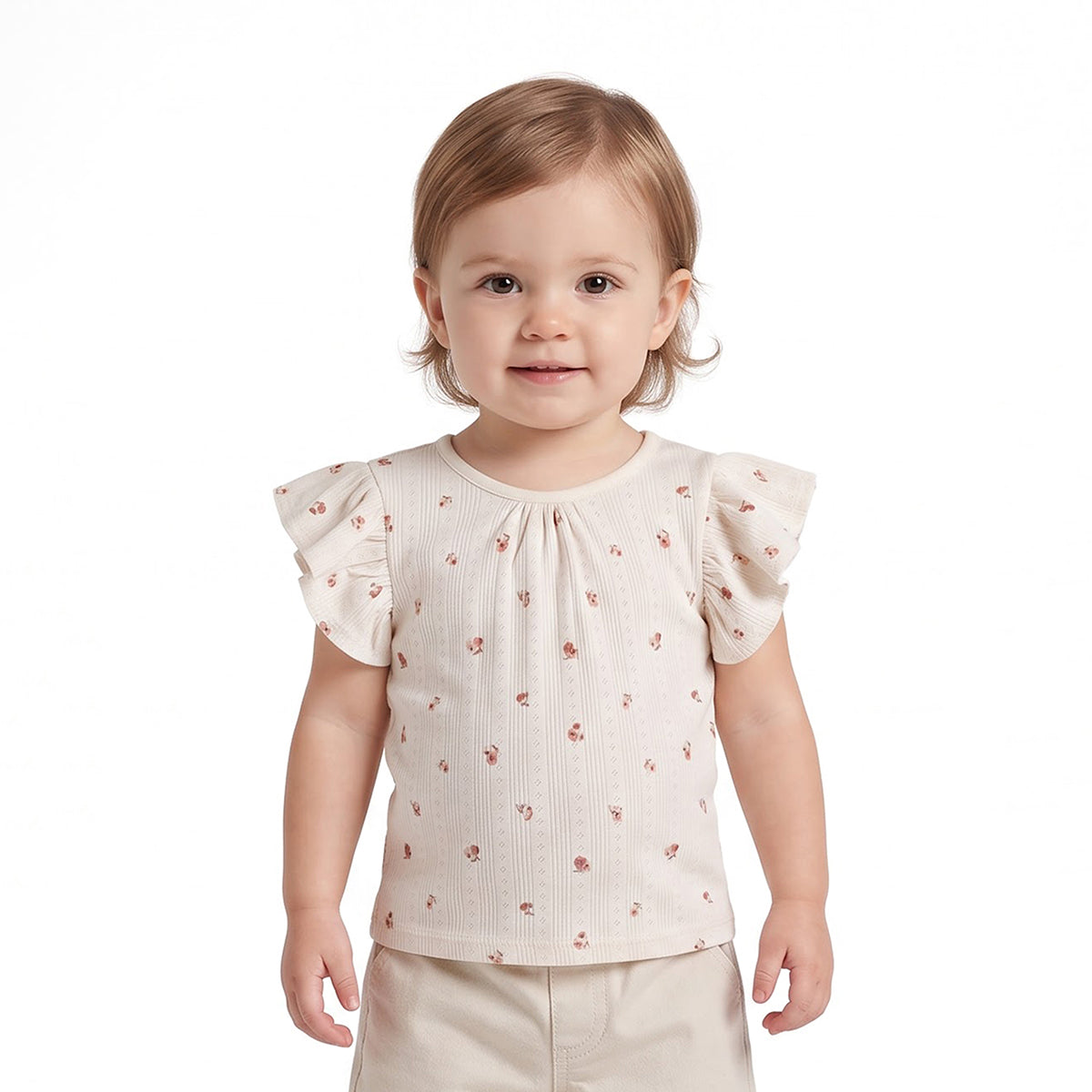 Baby Girls Cream Cotton Floral Print Textured Top Regular Fit Casual Wear