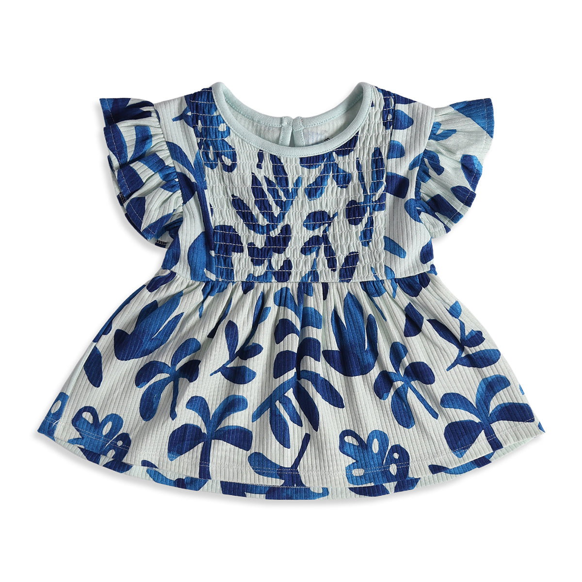 Baby Girls Mint Green Leaf Print Smocked Top for Casual Wear