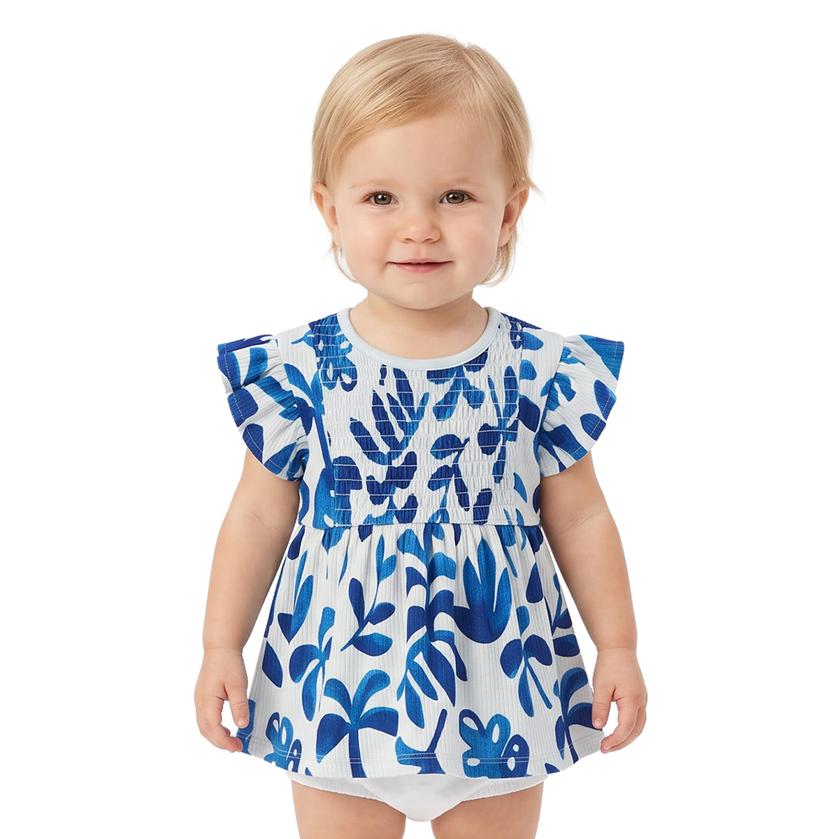 Baby Girls Mint Green Leaf Print Smocked Top for Casual Wear