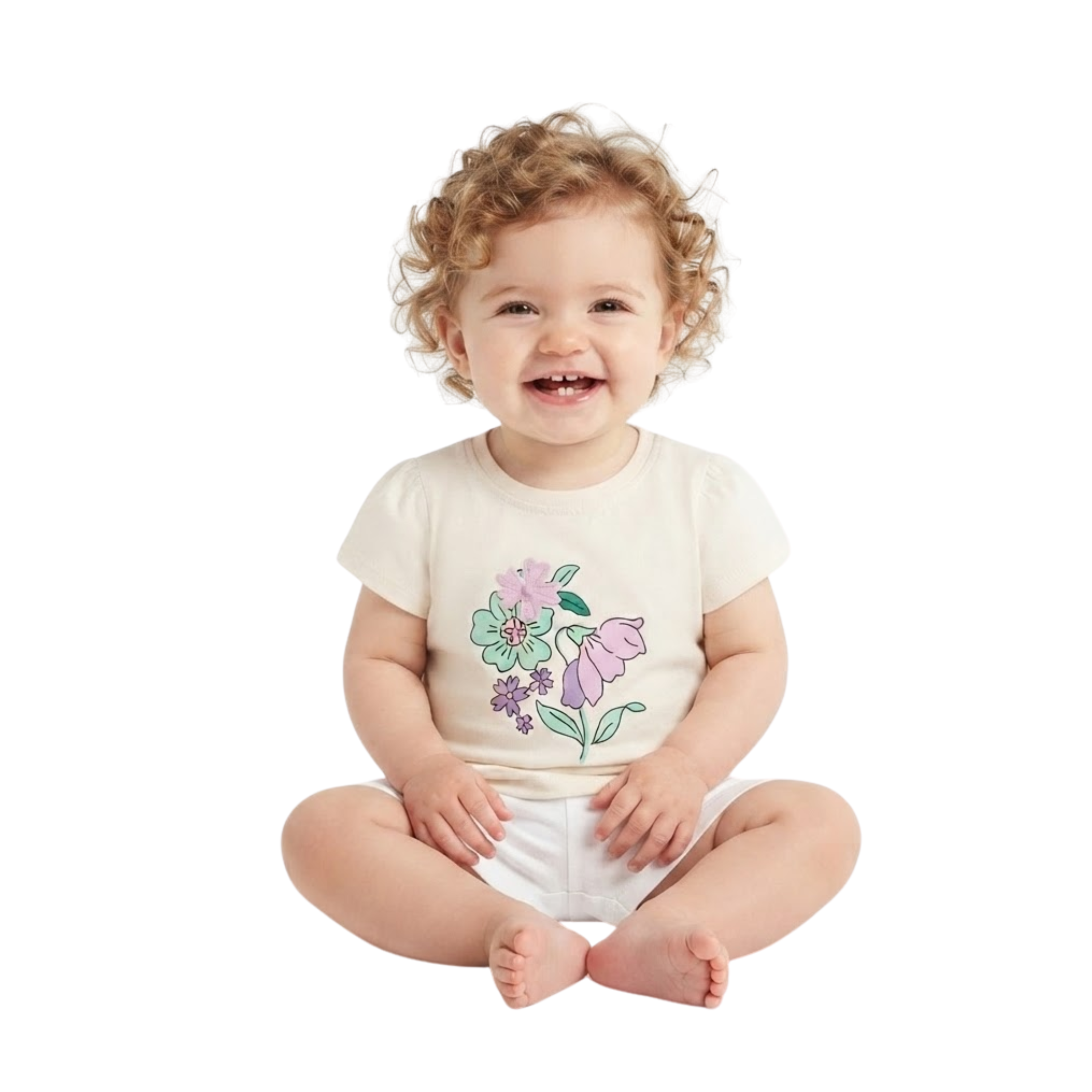 Baby Girls Ivory Cotton Floral Graphic T-Shirt Regular Fit Casual Wear
