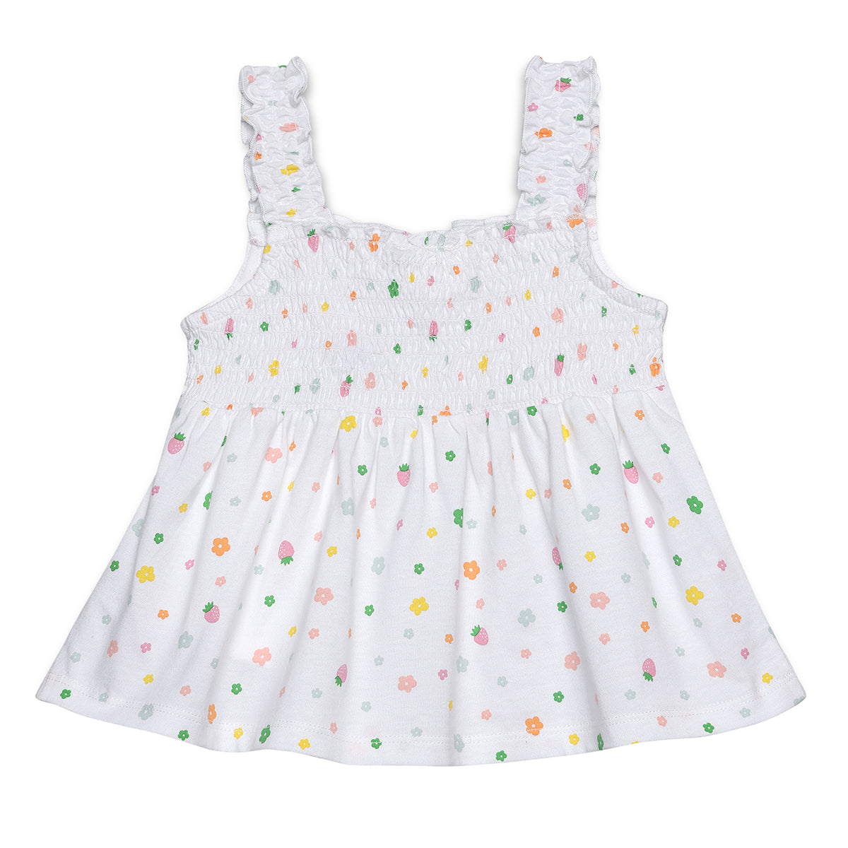 Baby Girls Strawberry and Floral Print Smocked Top, White