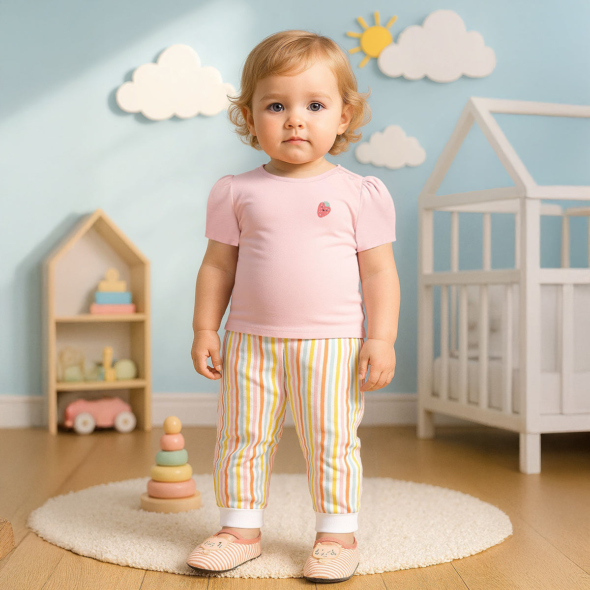 Baby Girls Fruit Print and Solid T-Shirts Pack of 3, Multicolor