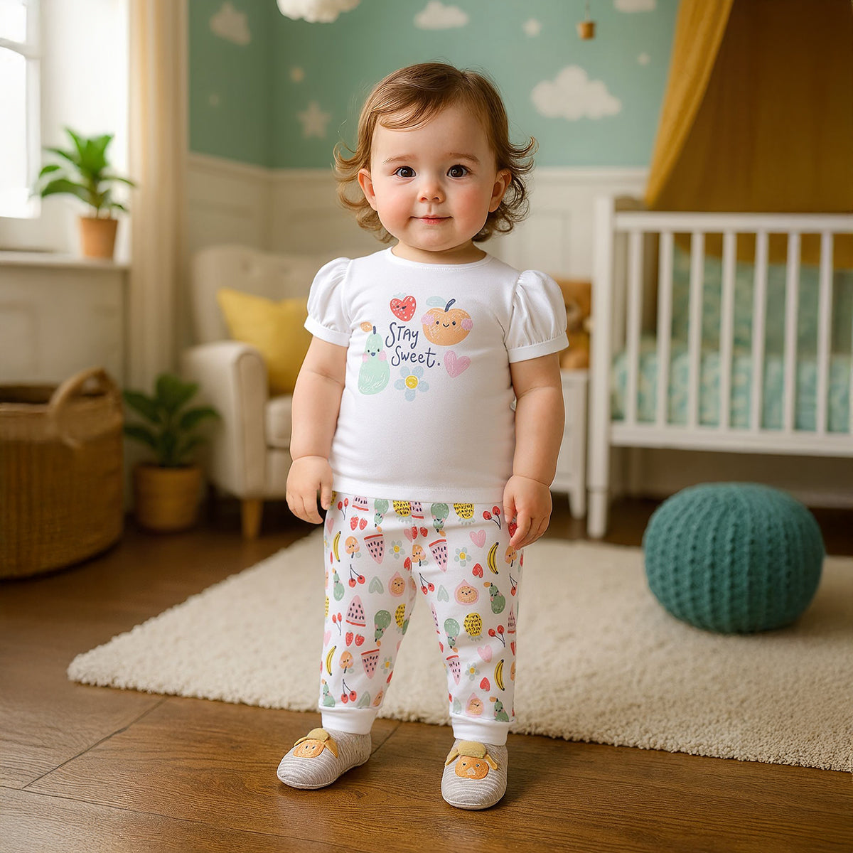 Baby Girls Fruit Print and Solid T-Shirts Pack of 3, Multicolor