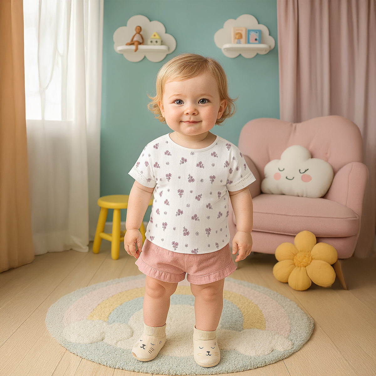 Baby Girls All-Over Floral Print Top, Off White