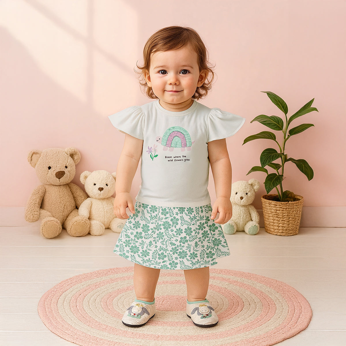 Baby Girls Turtle Appliqué Flounce Sleeve Top, Off White