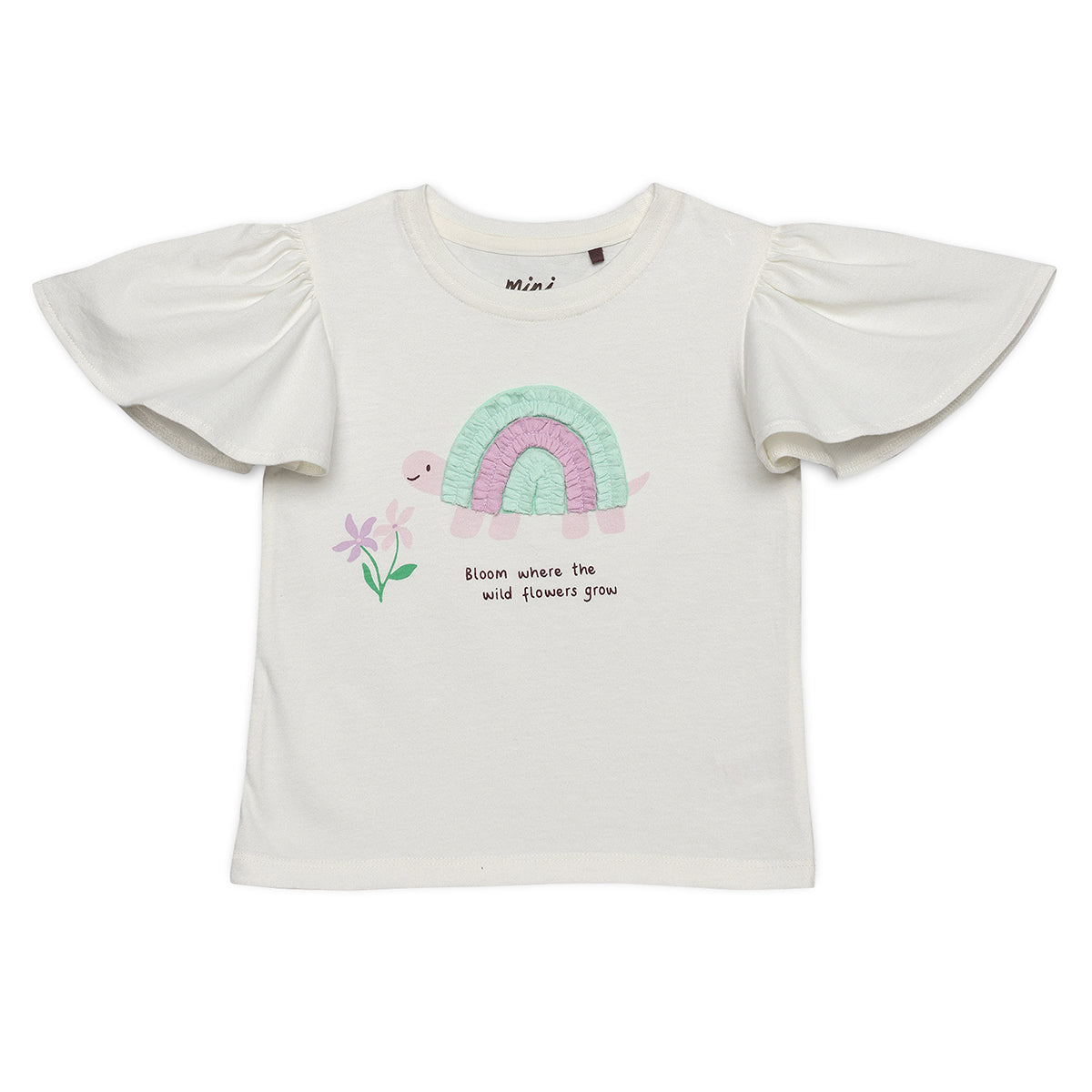Baby Girls Turtle Appliqué Flounce Sleeve Top, Off White