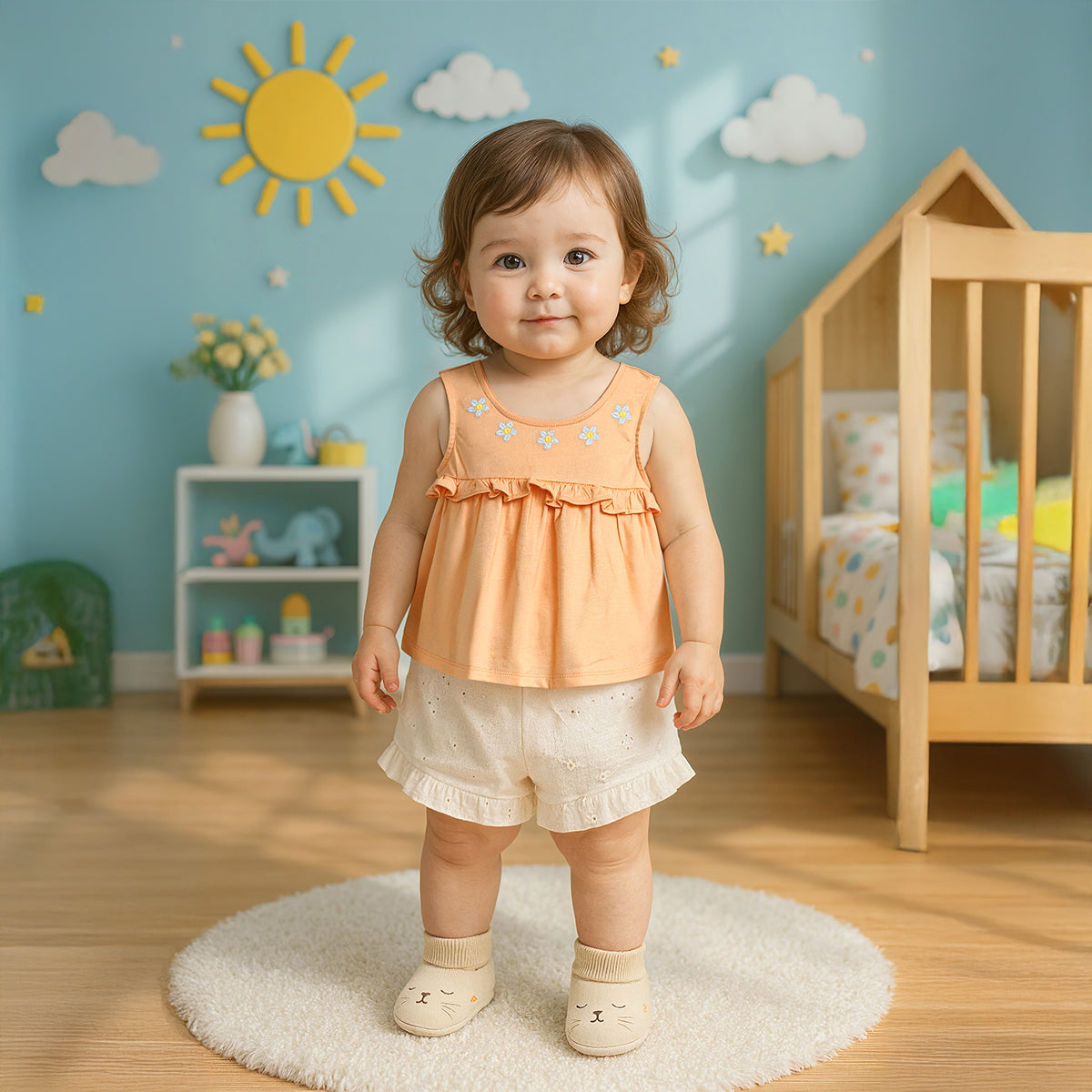 Baby Girls Daisy Embroidered Sleeveless Top, Peach