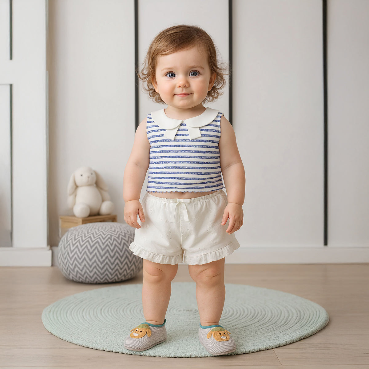 Baby Girls Striped Sleeveless Top with Collar, Blue and White
