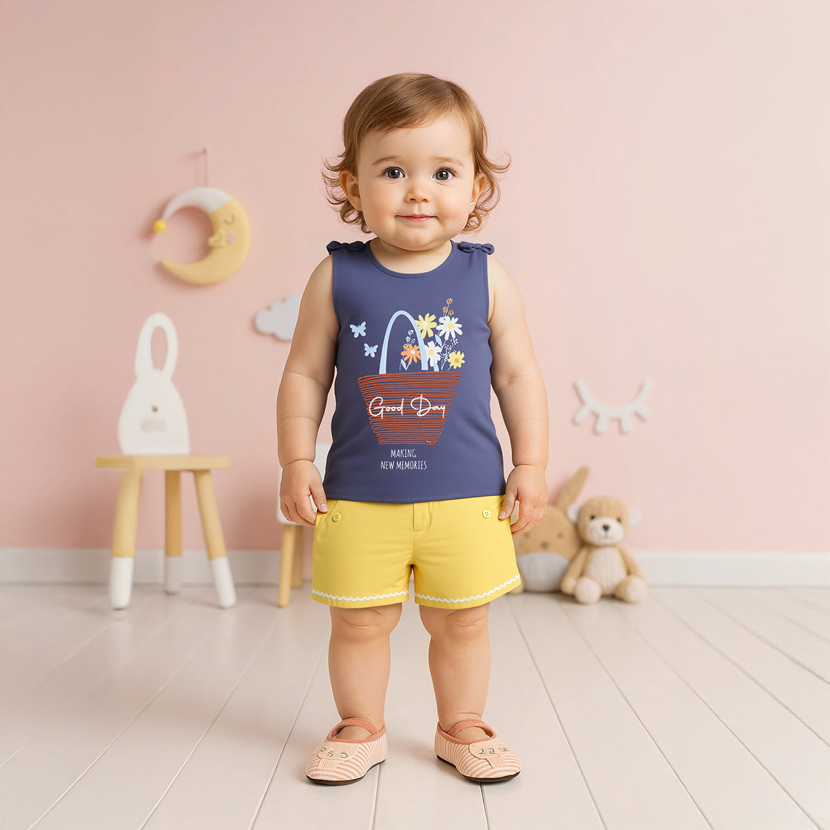 Baby Girls Sleeveless Graphic Top with Basket Applique, Blue