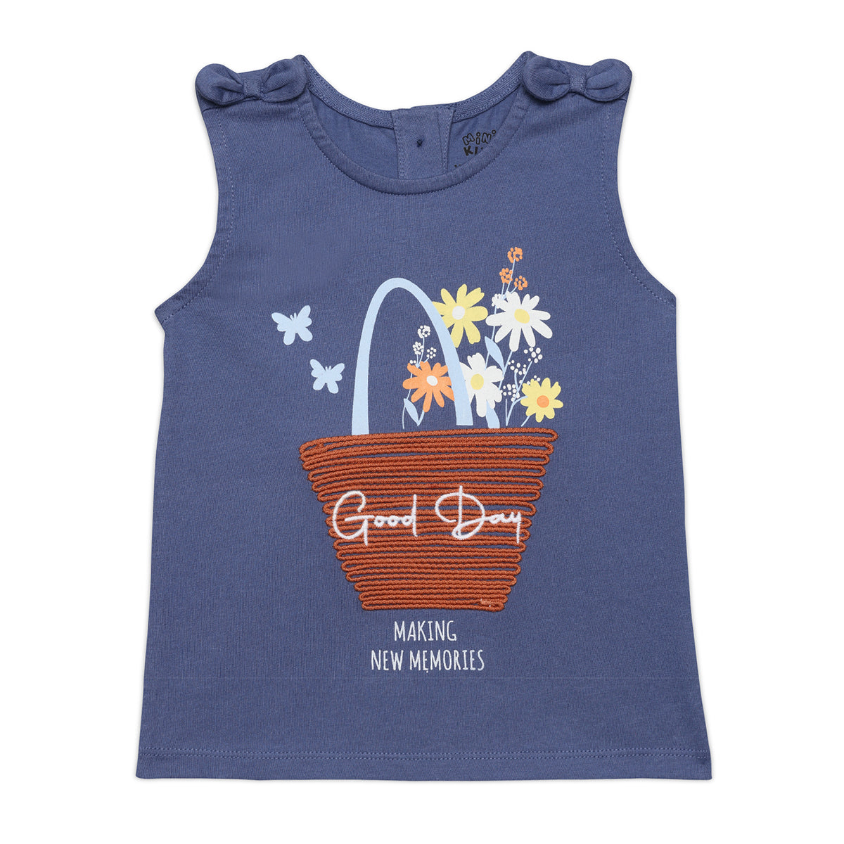 Baby Girls Sleeveless Graphic Top with Basket Applique, Blue