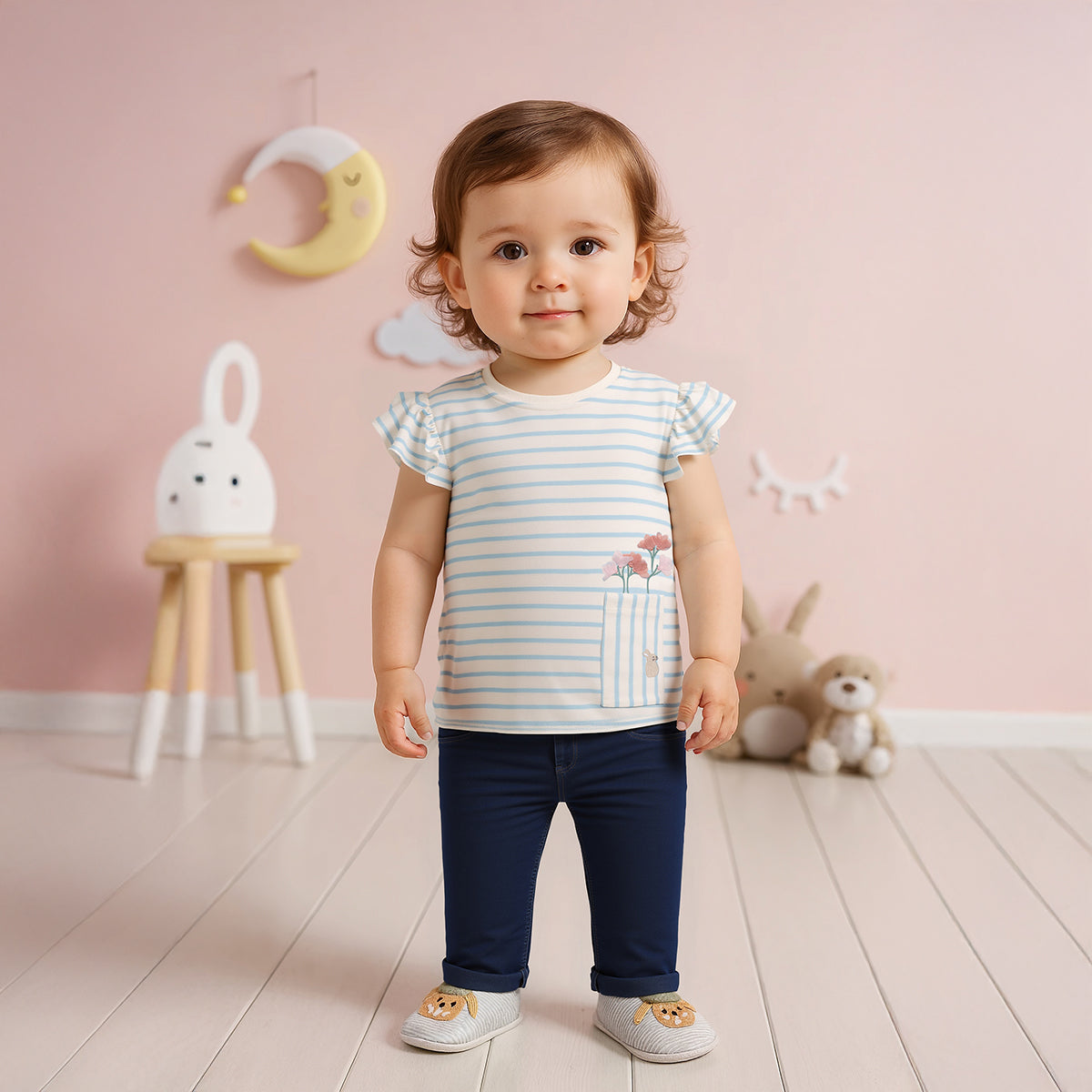 Baby Girls Striped Floral Applique T-Shirt, Blue and White
