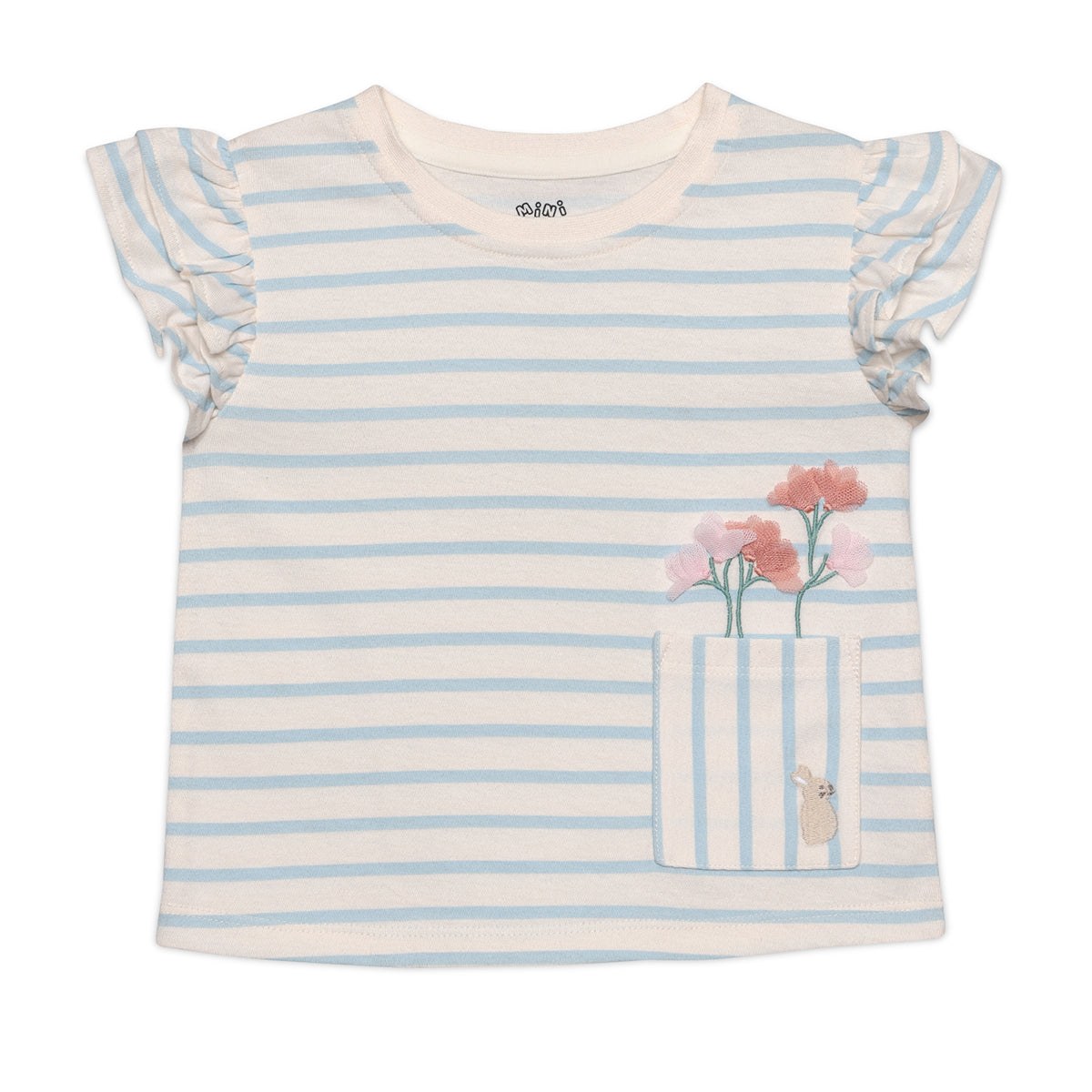 Baby Girls Striped Floral Applique T-Shirt, Blue and White
