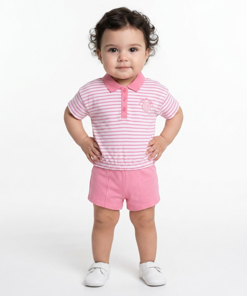 Baby Girls Striped Polo T-Shirt with Elasticated Hem, Pink and White