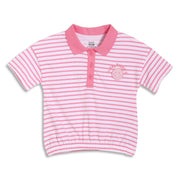Baby Girls Striped Polo T-Shirt with Elasticated Hem, Pink and White
