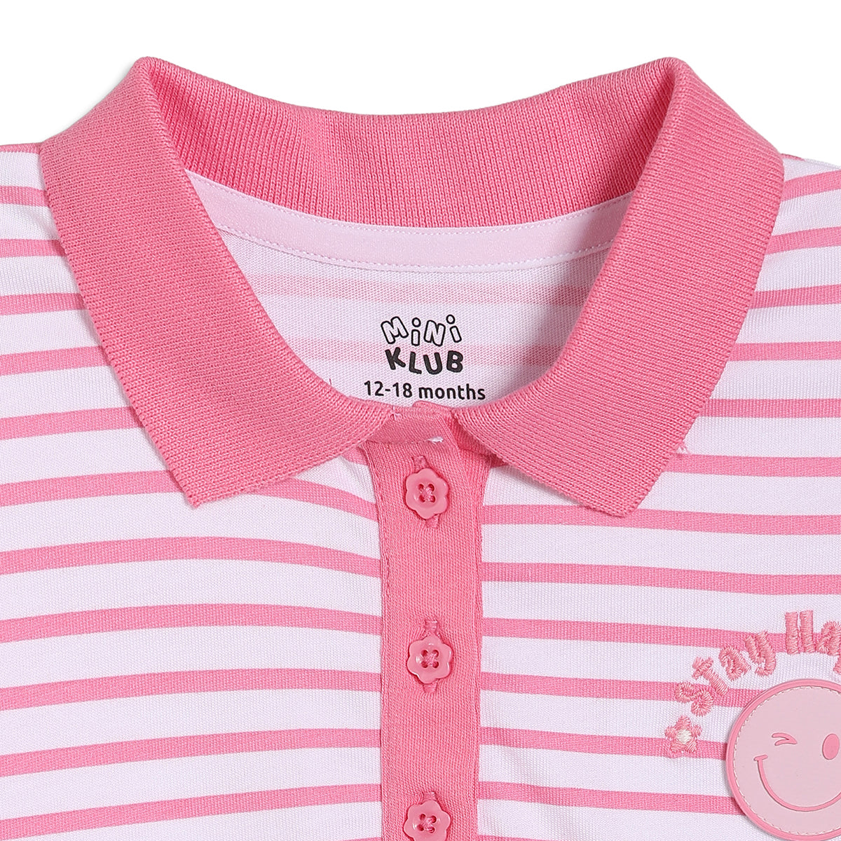 Baby Girls Striped Polo T-Shirt with Elasticated Hem, Pink and White