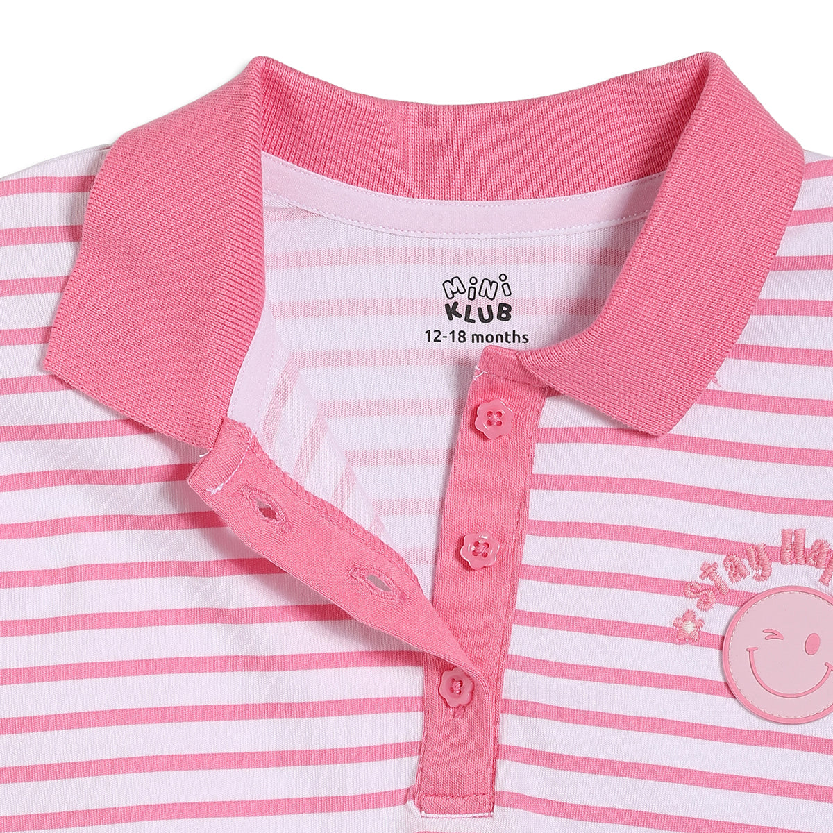 Baby Girls Striped Polo T-Shirt with Elasticated Hem, Pink and White