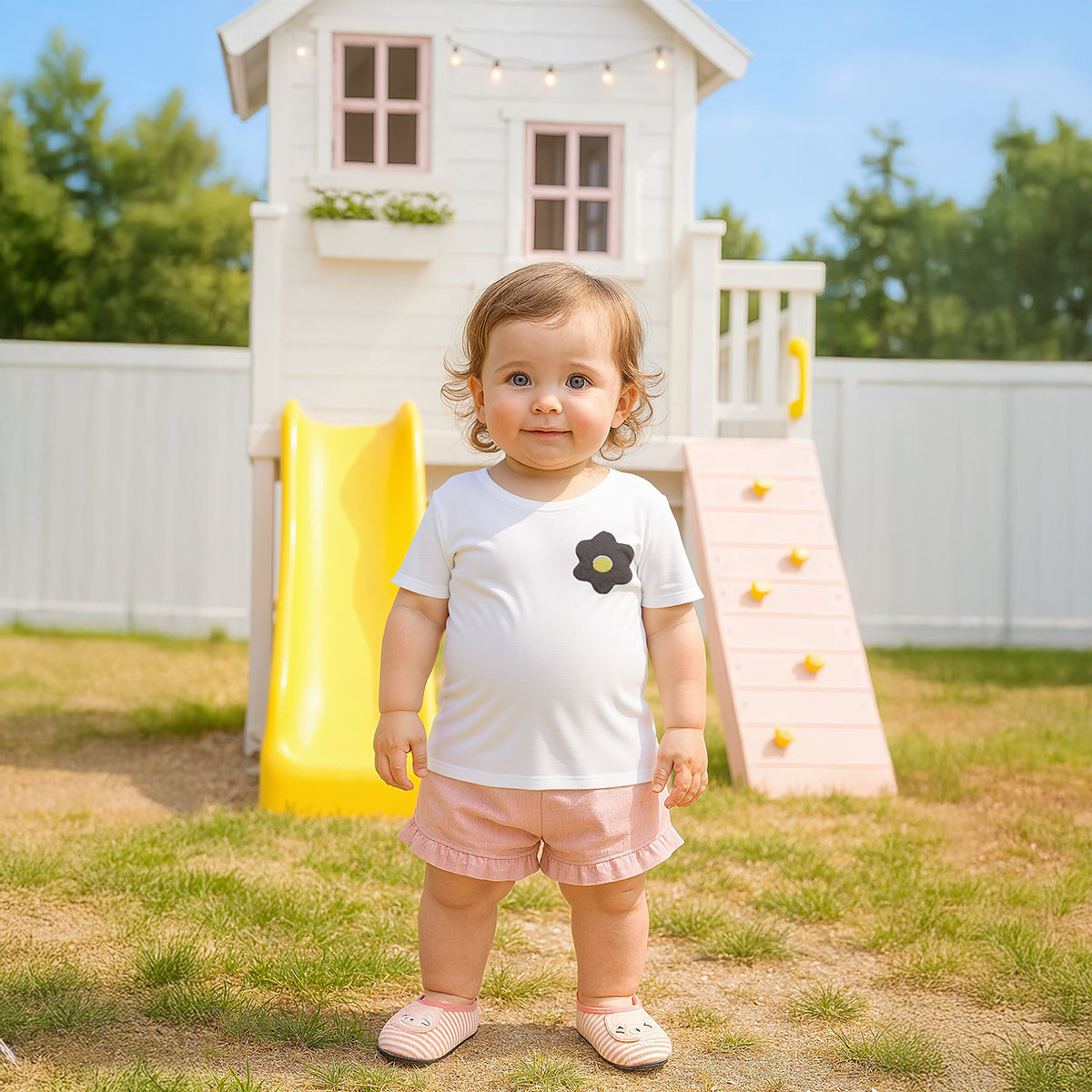 Baby Girls Flower Applique Knit Top, White