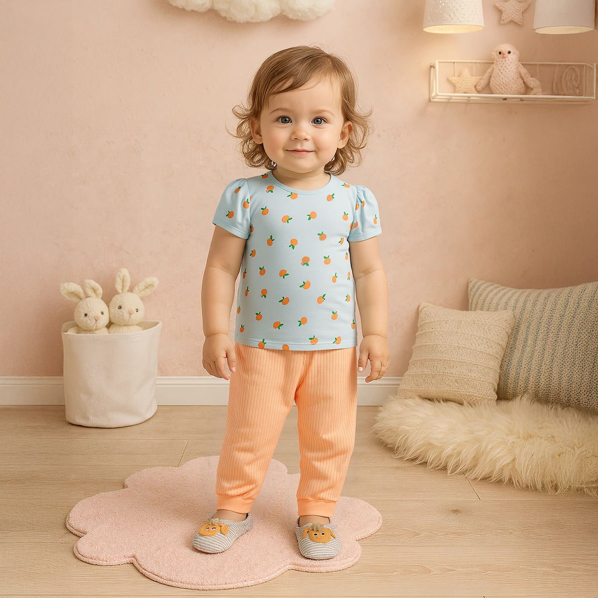 Baby Girls Fruit Print, Solid and Striped Pants Pack of 3, Multicolor