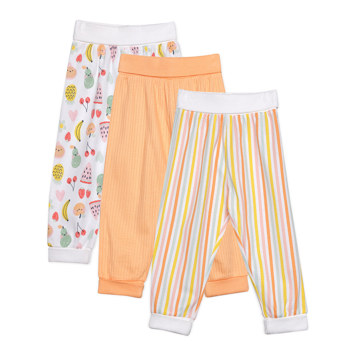 Baby Girls Fruit Print, Solid and Striped Pants Pack of 3, Multicolor