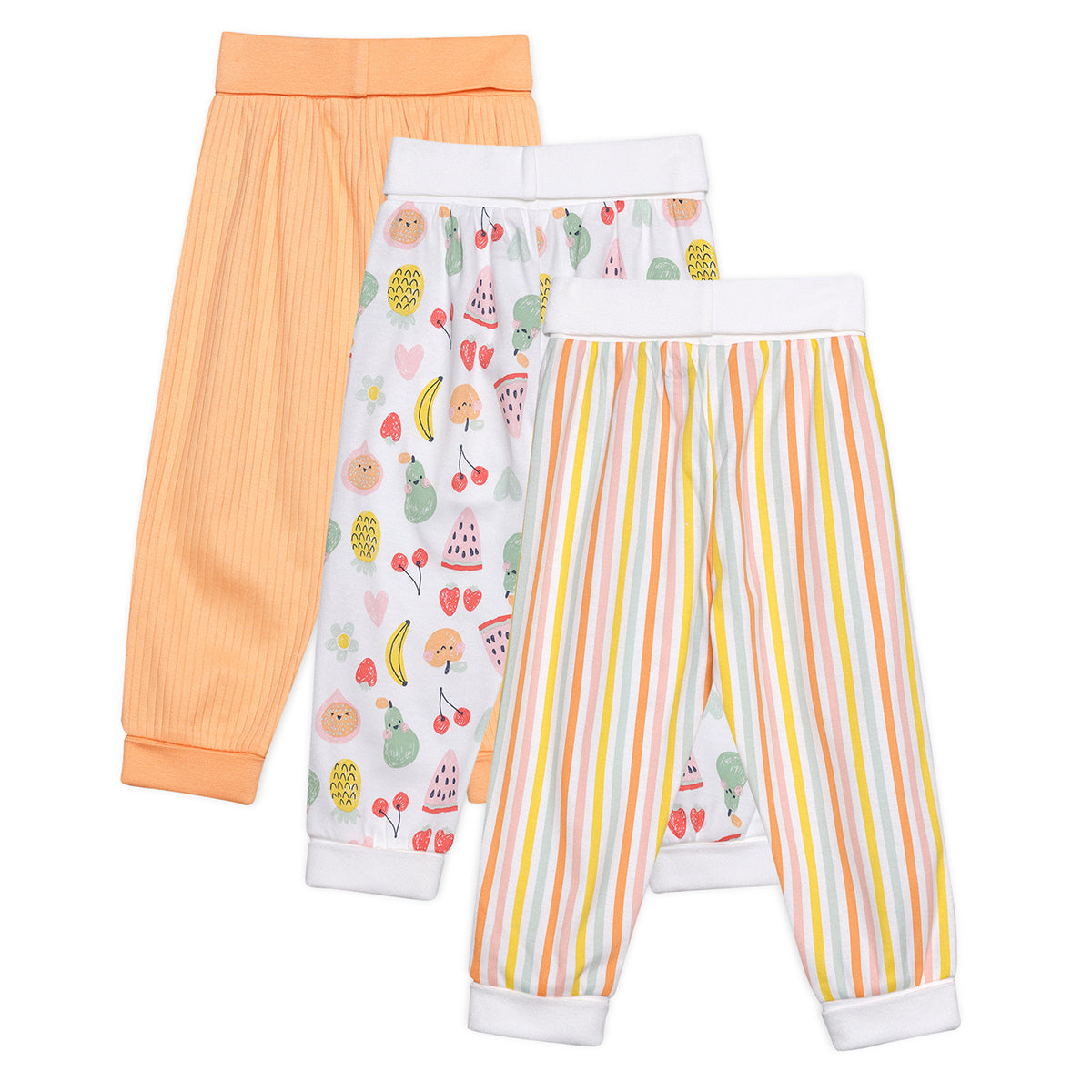 Baby Girls Fruit Print, Solid and Striped Pants Pack of 3, Multicolor