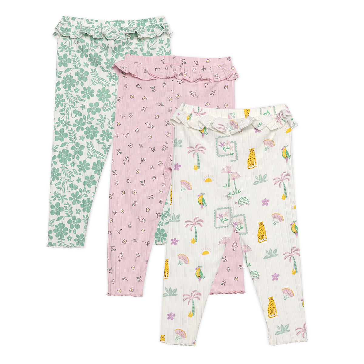 Baby Girls Printed Leggings Pack of 3, Pink, White and Green