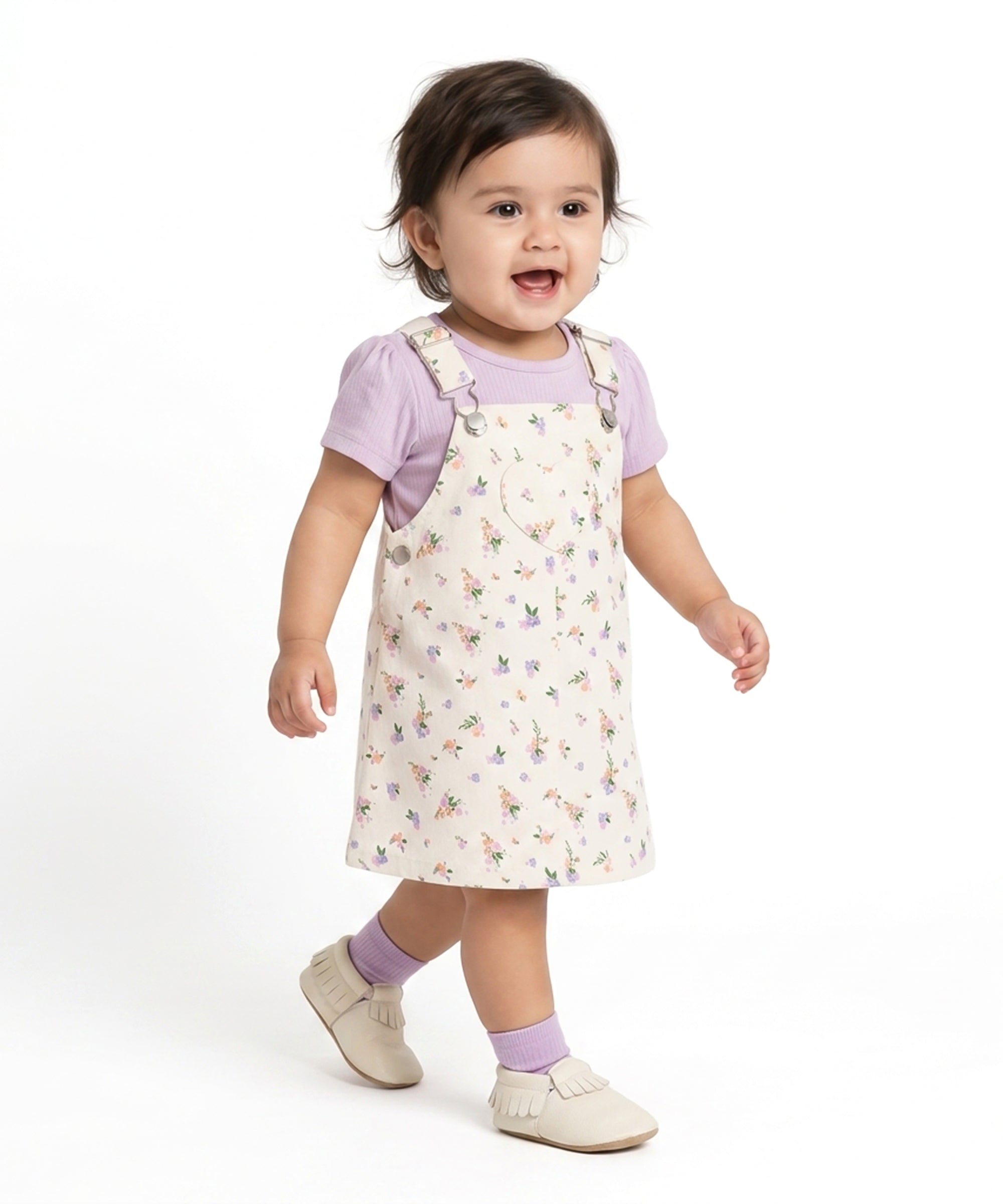 Baby Girls Floral Dungaree Set with T-Shirt, Pack of 2, Cream and Lavender