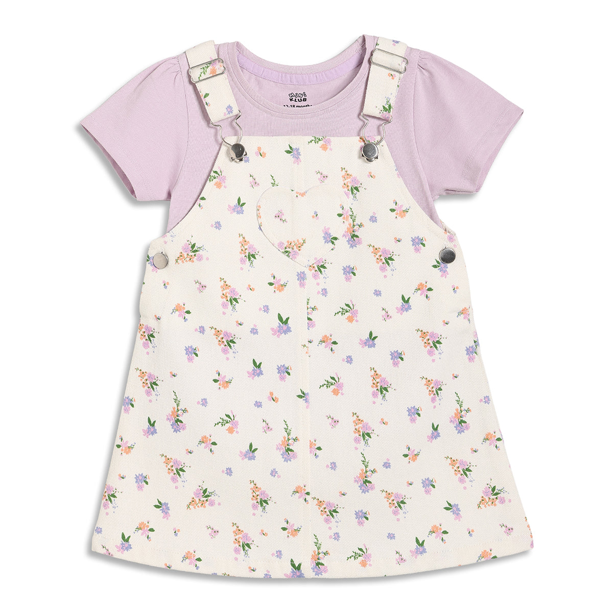 Baby Girls Floral Dungaree Set with T-Shirt, Pack of 2, Cream and Lavender