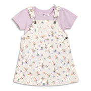 Baby Girls Floral Dungaree Set with T-Shirt, Pack of 2, Cream and Lavender