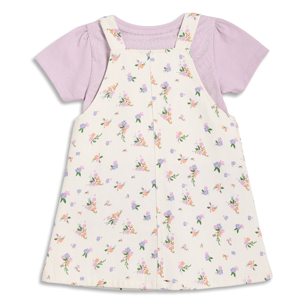 Baby Girls Floral Dungaree Set with T-Shirt, Pack of 2, Cream and Lavender
