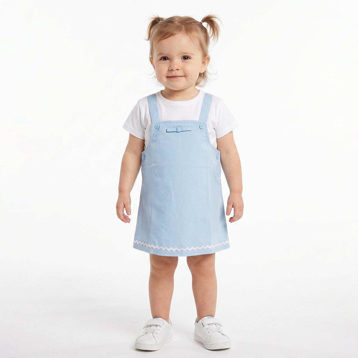Baby Girls Blue Dungaree Dress with White T-Shirt Casual 2-Piece Outfit Set