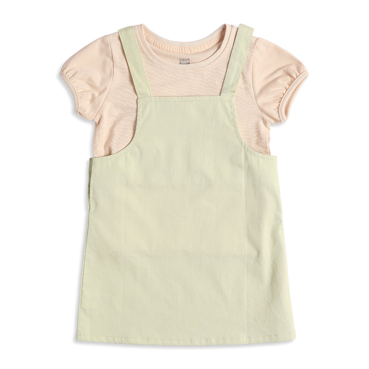 Baby Girls Sage Green Dungaree Dress with Peach T-Shirt Casual 2-Piece Outfit Set
