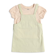 Baby Girls Sage Green Dungaree Dress with Peach T-Shirt Casual 2-Piece Outfit Set