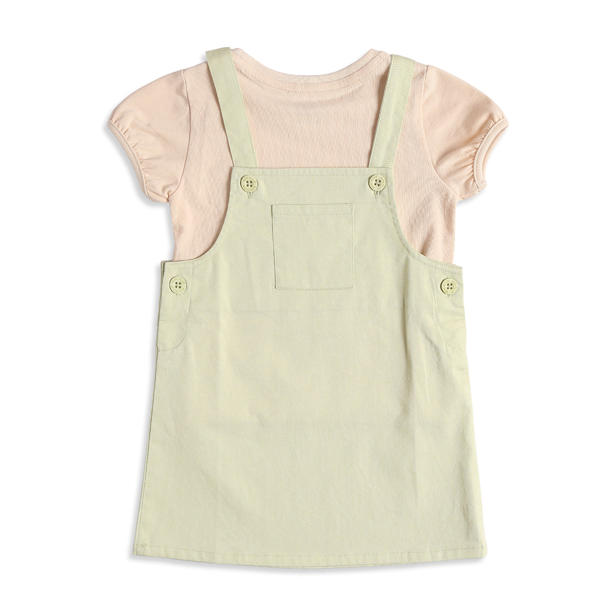 Baby Girls Sage Green Dungaree Dress with Peach T-Shirt Casual 2-Piece Outfit Set