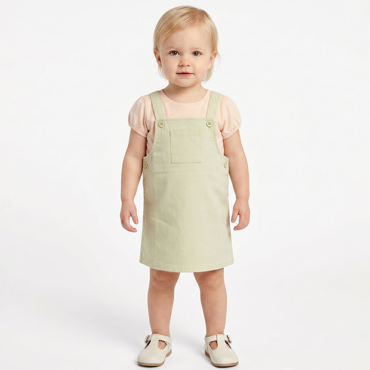 Baby Girls Sage Green Dungaree Dress with Peach T-Shirt Casual 2-Piece Outfit Set