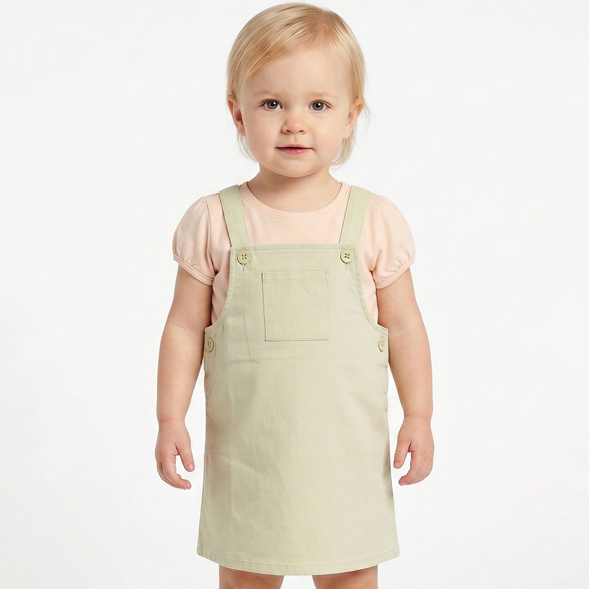 Baby Girls Sage Green Dungaree Dress with Peach T-Shirt Casual 2-Piece Outfit Set