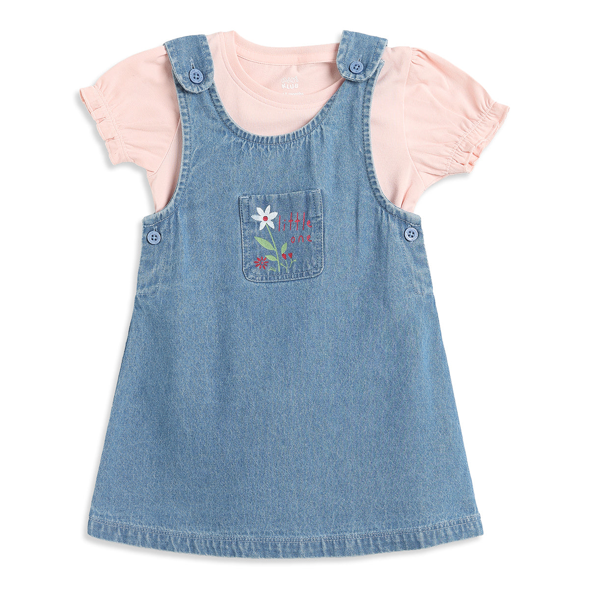 Baby Girls Blue Denim Pinafore Dress with Pink Puff Sleeve T-Shirt Regular Fit Casual Dress Set