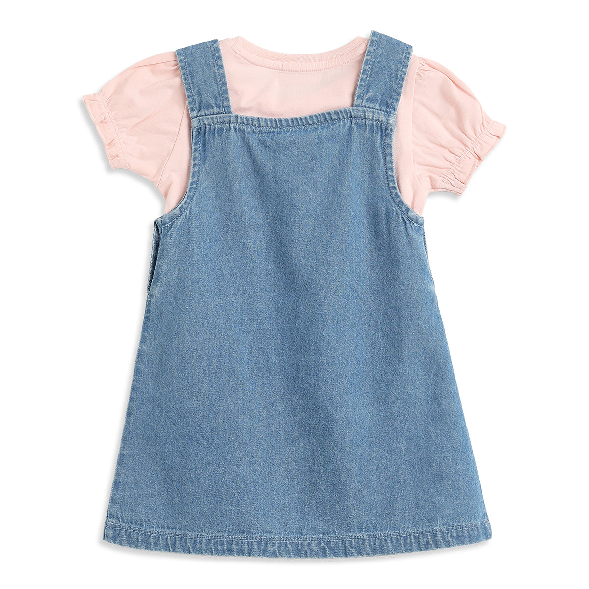 Baby Girls Blue Denim Pinafore Dress with Pink Puff Sleeve T-Shirt Regular Fit Casual Dress Set