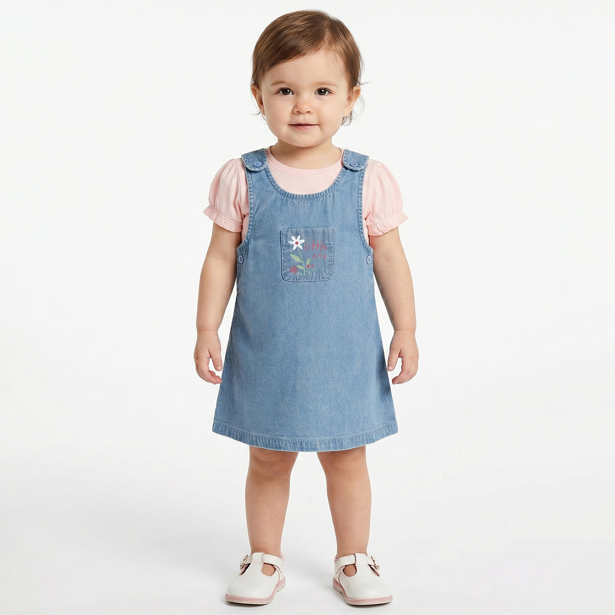 Baby Girls Blue Denim Pinafore Dress with Pink Puff Sleeve T-Shirt Regular Fit Casual Dress Set