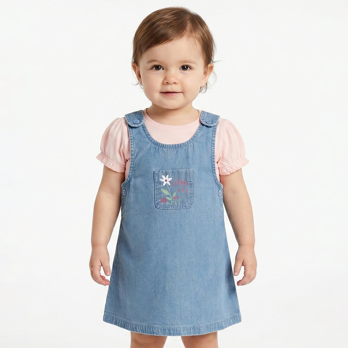 Baby Girls Blue Denim Pinafore Dress with Pink Puff Sleeve T-Shirt Regular Fit Casual Dress Set