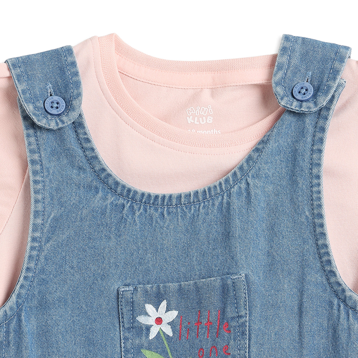 Baby Girls Blue Denim Pinafore Dress with Pink Puff Sleeve T-Shirt Regular Fit Casual Dress Set