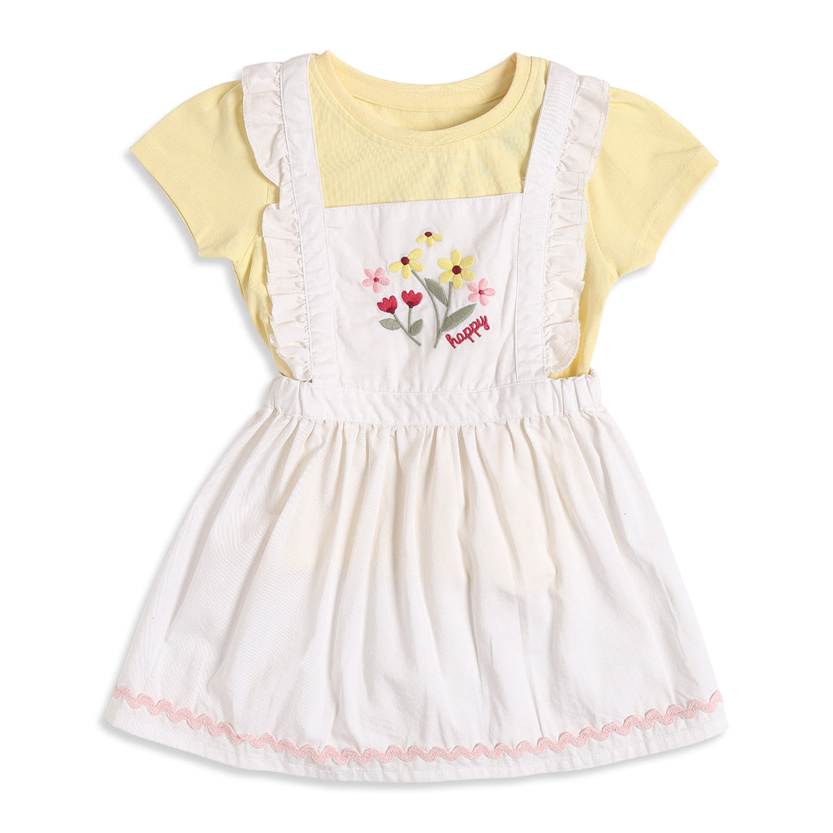 Baby Girls Yellow T-Shirt with White Embroidered Pinafore Dress Casual Outfit Set