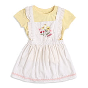 Baby Girls Yellow T-Shirt with White Embroidered Pinafore Dress Casual Outfit Set